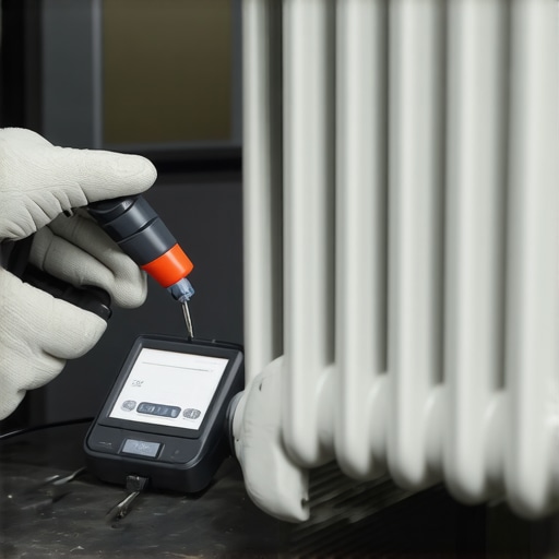 Mechanic performing a digital pH test on automotive coolant to check for chemical degradation.