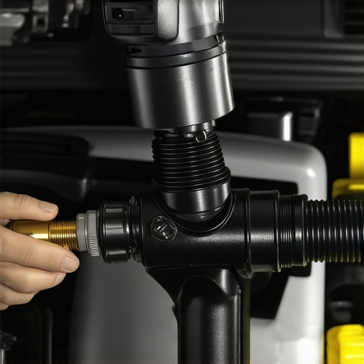 Mechanic checking a car EVAP purge valve for leaks using a manual vacuum pump.