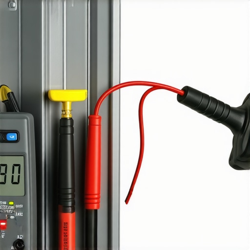 A mechanic using a multimeter to check for galvanic corrosion in engine coolant.