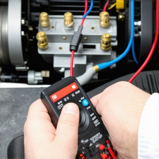 Testing Engine Ground Strap With Multimeter A technician performing a voltage drop test on an engine ground strap using a digital multimeter.