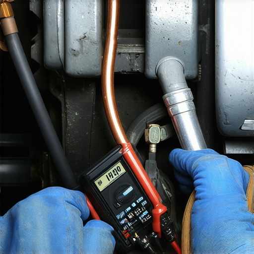 A mechanic testing a car engine ground strap with a multimeter to diagnose electrical issues.