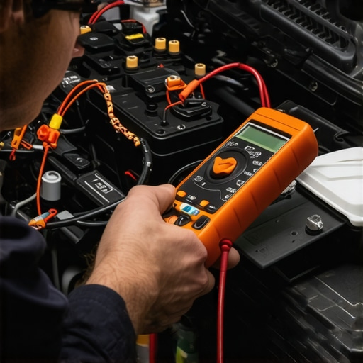 A mechanic uses a multimeter to diagnose electrical issues and battery health in a modern vehicle engine bay.