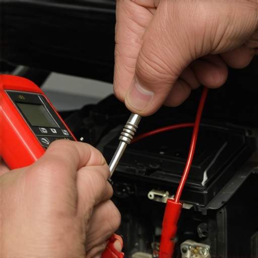 Testing Starter Solenoid Voltage Drop A technician testing voltage drop on a car starter solenoid using a digital multimeter.