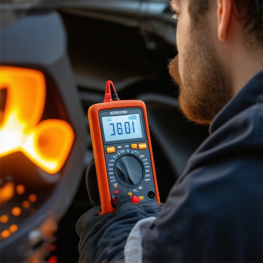 Mechanic measuring electrical resistance on a hot starter motor using a multimeter.