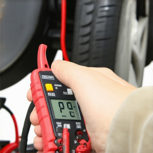 A technician using a multimeter to check the electrical integrity of a car's radiator fan circuit.