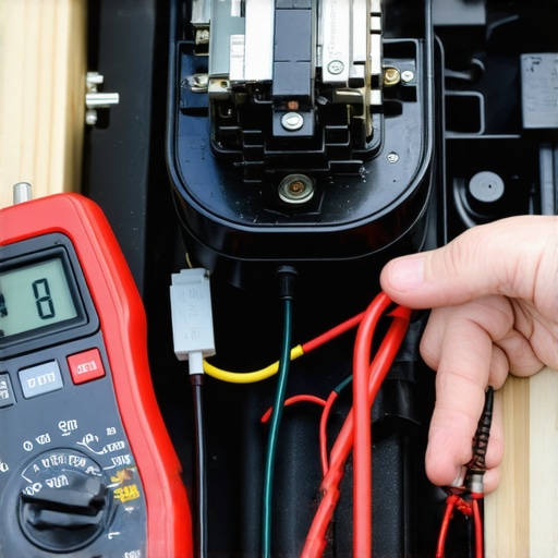 Close-up of a mechanic diagnosing a clicking blend door actuator with a multimeter