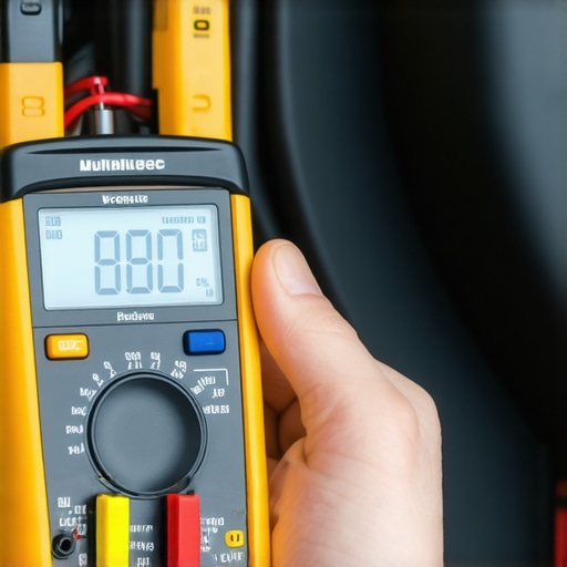 Professional mechanic using a multimeter to diagnose a faulty hydraulic brake light switch near the master cylinder.
