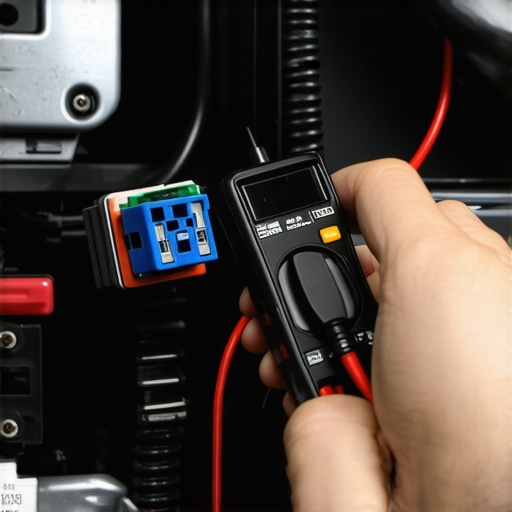 Mechanic performing an electrical diagnostic test on a car's cooling fan relay using a digital multimeter.