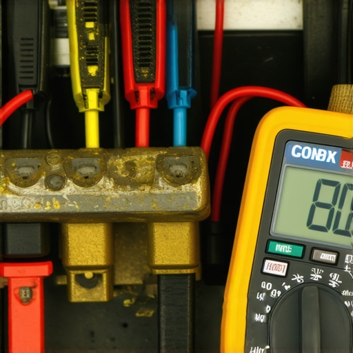 Testing battery terminal voltage drop Multimeter measuring voltage drop on a dirty car battery terminal