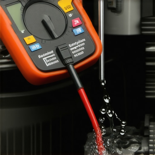 A mechanic using a multimeter to check for stray electrical current in the engine cooling system.