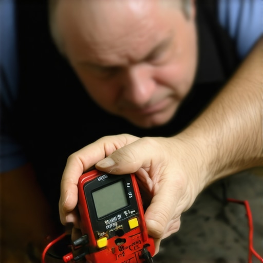 Technician using a multimeter to diagnose electrical grounding issues in a car