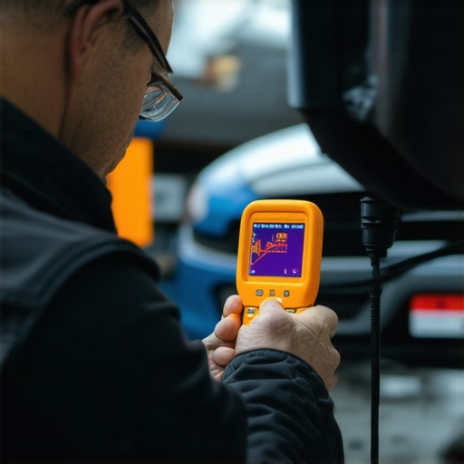 Mechanic testing heater core hose temperatures with an infrared thermometer to diagnose a cold cabin heater at idle