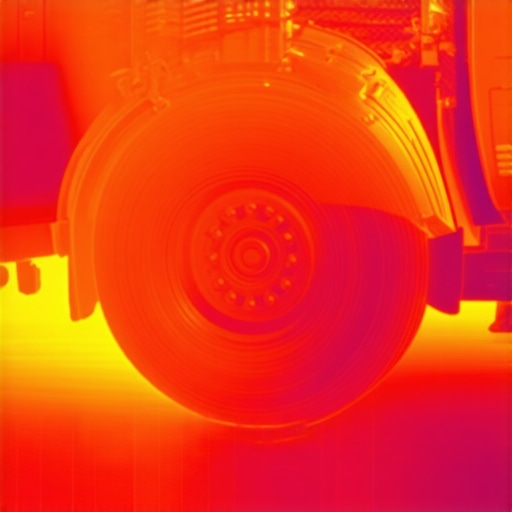 Thermal imaging showing heat distribution on a car brake rotor and caliper for diagnostic purposes.