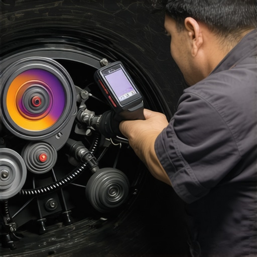 Mechanic using a thermal camera to find overheating pulley bearings in a car engine.