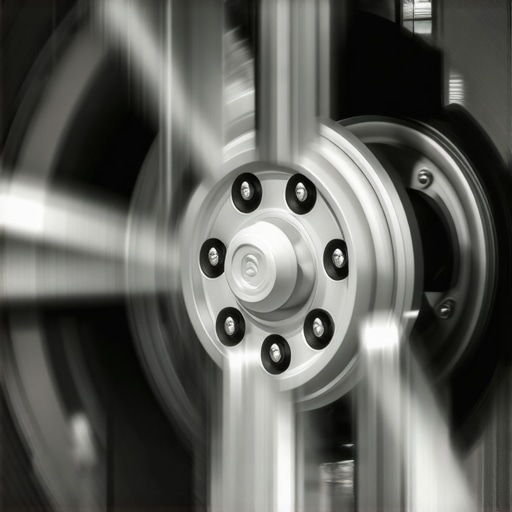 Close up of a performance brake system and alloy wheel spokes illustrating heat management.