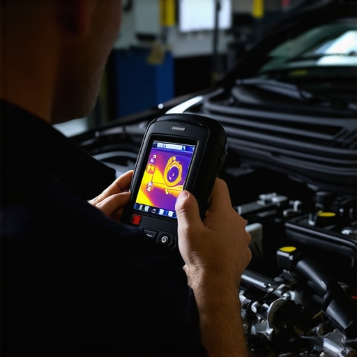 A mechanic uses an infrared thermal camera to detect heat variances and air leaks in a vehicle's intake manifold system.