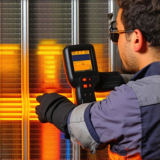 A thermal camera showing heat distribution and clogs in a vehicle radiator during an auto repair diagnostic.