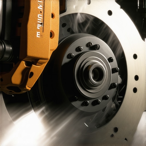 A close-up view of a car brake system showing the rotor and caliper during the initial bedding-in process with light smoke.