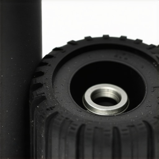 Close-up of a tire valve stem demonstrating centrifugal pull-back and internal seal components.