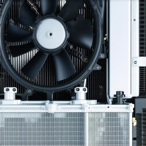 A detailed view of a car radiator and cooling fan with transmission cooler lines.