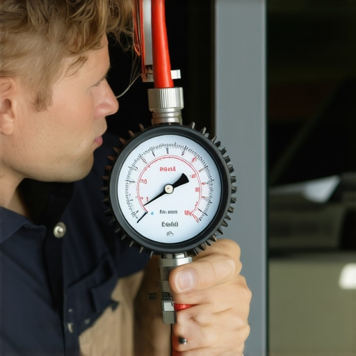 Mechanic using a pressure gauge to test transmission line pressure