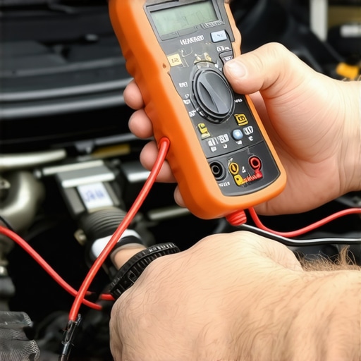 A technician using a multimeter to test a car's engine ground strap for electrical resistance.