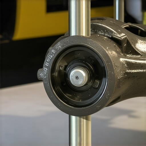 Close-up of a blue polyurethane bushing being fitted into a car control arm for improved steering precision.