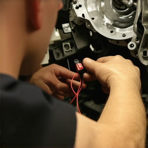 Electronic diagnostic tool clipped to a car transmission to find noise sources