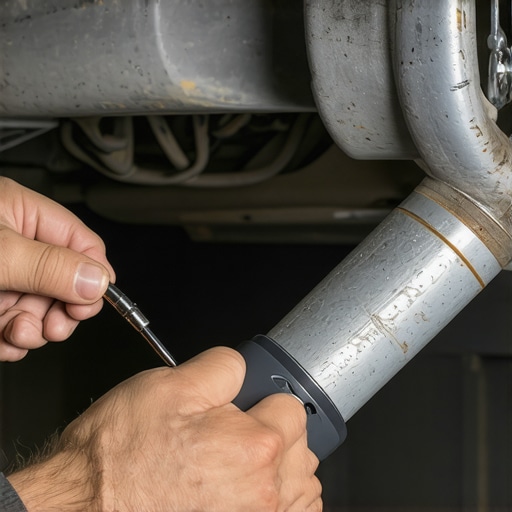 Technician attaching vibration sensors to a vehicle exhaust system for advanced diagnostic testing