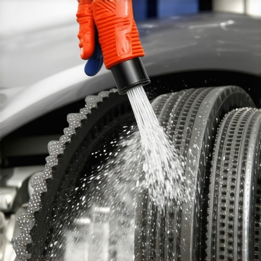Mechanic spraying water on a car's serpentine belt to diagnose engine screeching noises.
