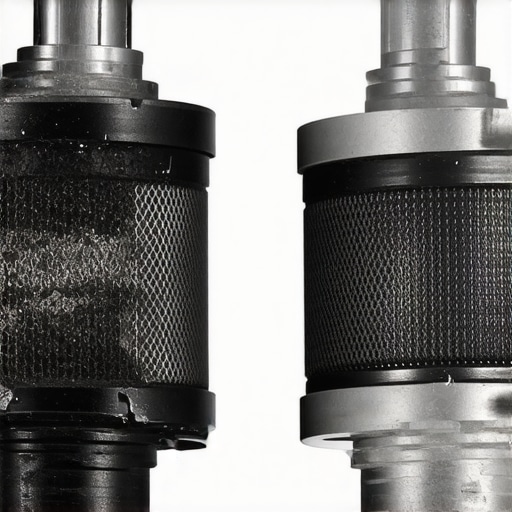 A side-by-side comparison showing a sludge-clogged VVT solenoid versus a clean new unit to illustrate the importance of oil quality.