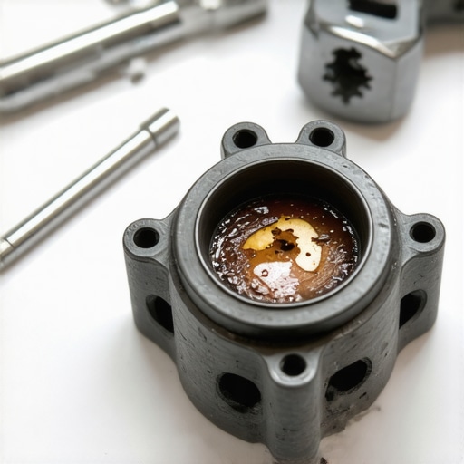 A high-detail close-up of a clogged VVT solenoid showing oil sludge on the internal screens.