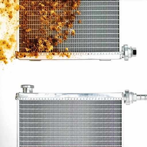 Close-up of a dirty automotive evaporator core with visible mold growth and a clean replacement unit next to it.