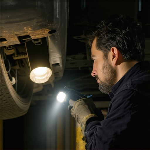 Mechanic inspecting exhaust pipe and heat shield clearance