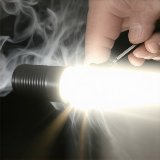 Smoke escaping from a cracked vacuum hose during a diagnostic smoke test in an engine bay.