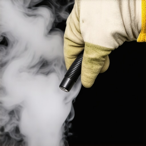 Smoke escaping from a cracked engine vacuum hose during a diagnostic test.