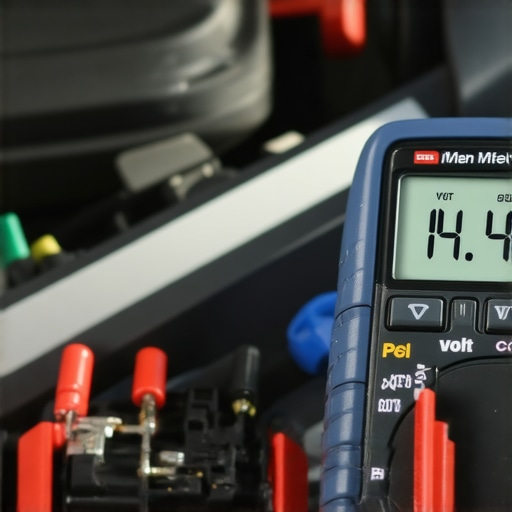 Professional technician using a multimeter to diagnose car charging system