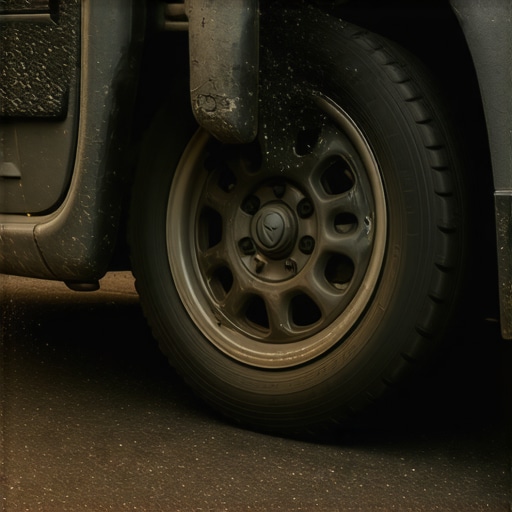 Close-up view of a damaged hydraulic strut showing fluid seepage and dirt buildup on a vehicle suspension.