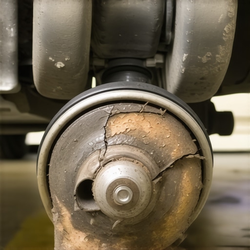 Close-up of a cracked and dry-rotted rubber suspension bushing on a car control arm