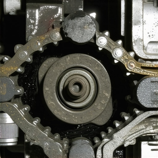 Close-up of a timing chain and hydraulic tensioner showing signs of wear and lubrication failure.